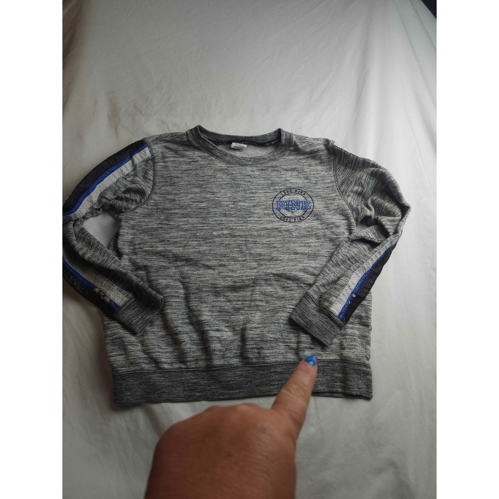 Pink Victoria's Secret Gray Marl Crewneck Sweatshirt Blue Sleeve Stripe Small - Picture 2 of 8